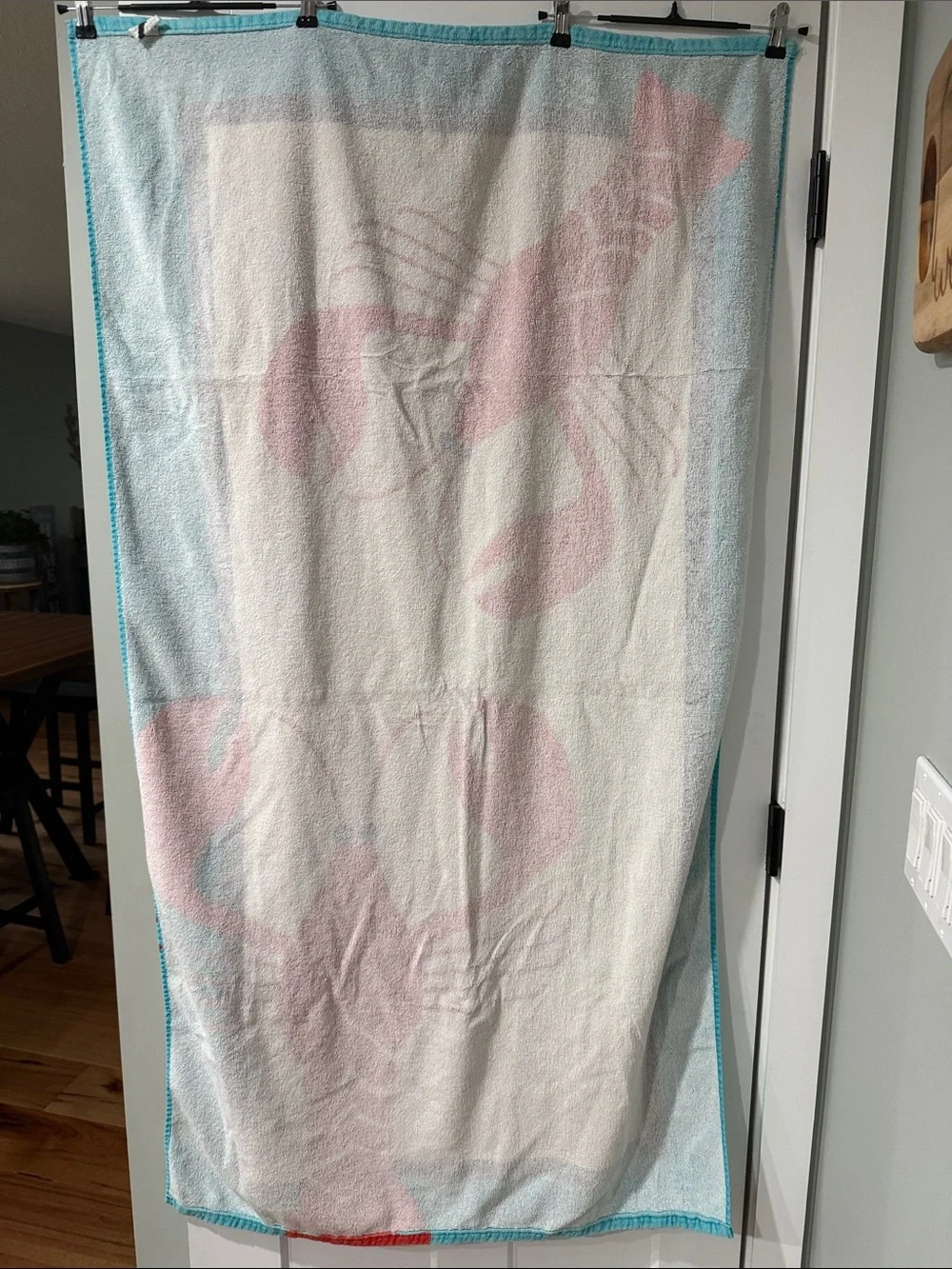 Beach Towel with Red Lobster Print - Turquoise & White